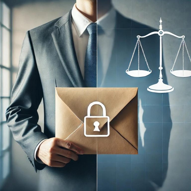 Confidentialité absolue : notre priorité dans chaque mission confiée à VILA’GENCIS Confidentialité et protection des informations, illustrées par une enveloppe sécurisée et la balance de la justice